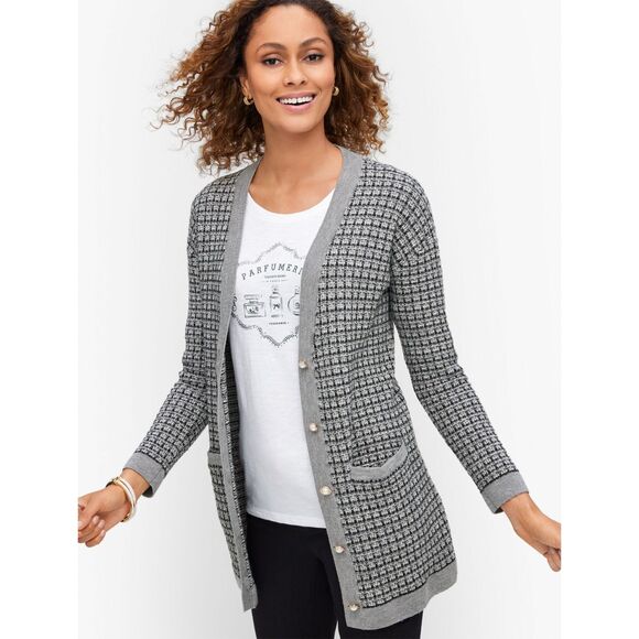 Talbots Grey Mini Plaid 100% Merino Wool Pearl Button Cardigan Sweater Large - Picture 1 of 7
